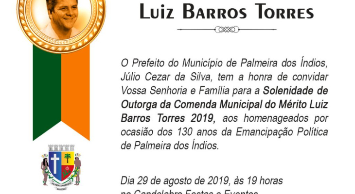 Prefeitura de Palmeira entregará Comenda do Mérito Luiz Barros Torres nesta quinta (29)